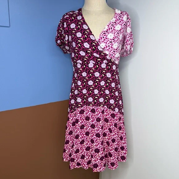 Ann Taylor Mixed Floral Wrap Midi Dress Black Pink Size 2 Petite - Picture 3 of 9